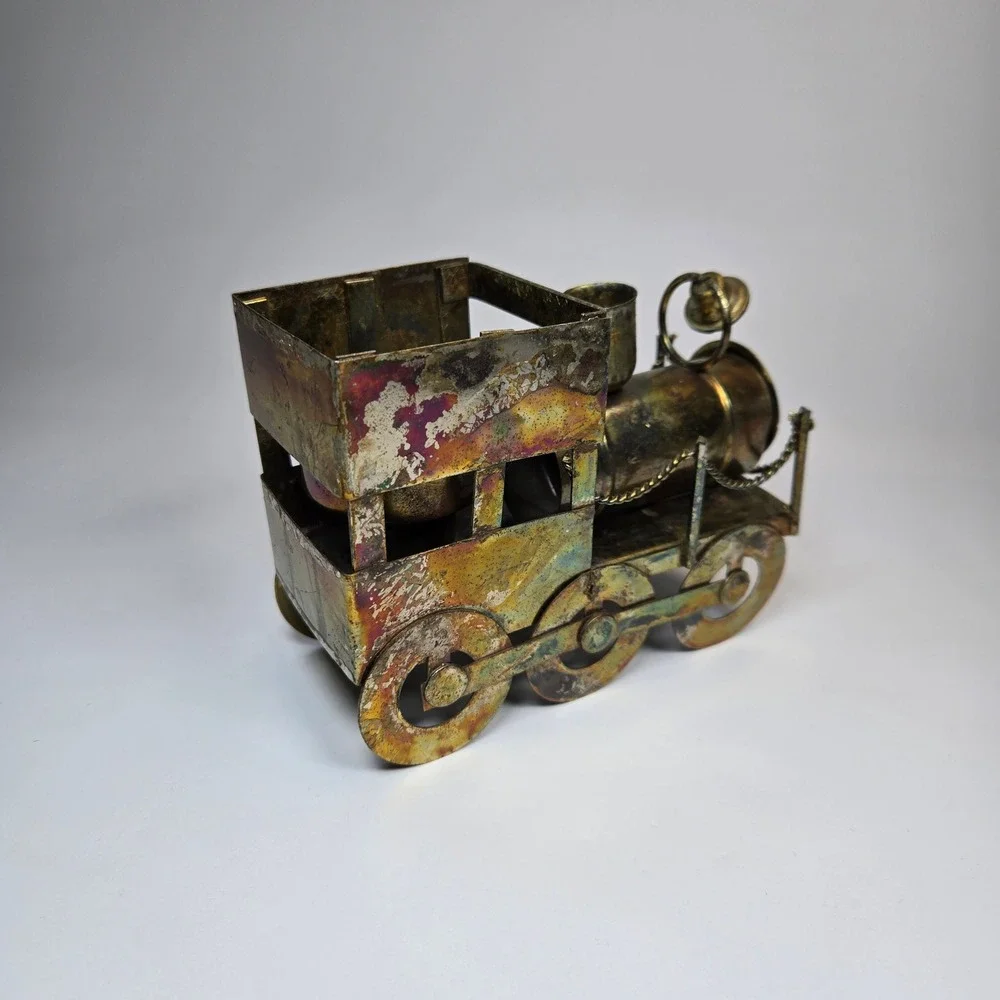 Vintage Metal Tin Train Railroad Engine Candle Holder Patina Copper Brass Tone‎